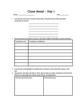 Preview of Close Read - 5 days of graphic organizers and lesson plans in English