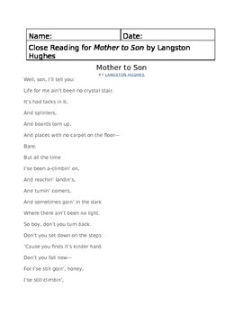Preview of Close Reading Langston Hughes Mother to Son