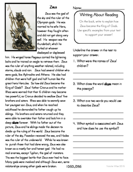 Preview of Close Reading 3rd, 4th, 5th Grade Non Fiction Passages: Zeus