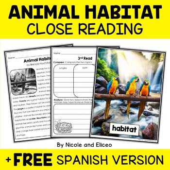 Preview of Animal Habitat Close Reading Comprehension Passage Activities + FREE Spanish
