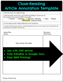 Preview of Close-Reading Annotation Template *Fully Editable*