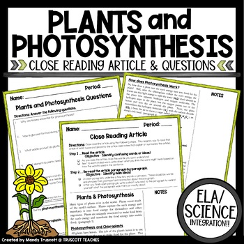 Plants and Photosynthesis Close Reading Article and Questions: Print ...