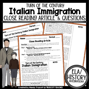 Preview of Turn of the Century: Italian Immigration Close Reading Article & Question Set