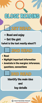 Preview of Close Reading Bookmark, Checklist, Task Analysis