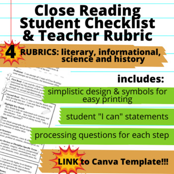 Preview of Close Reading Rubric for Annotations, Note Taking, and Reading Comprehension