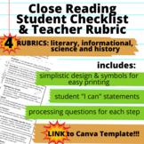 Close Reading Rubric for Annotations, Note Taking, and Rea