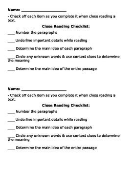 Close Reading Checklist by The Owl-Star Classroom | TpT