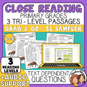 Preview of Close Reading Comprehension Passages & Questions for Primary with Audio Sampler