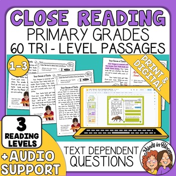 Preview of Close Reading Comprehension Passages and Questions for Primary + Audio Support!