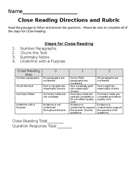 Preview of Close Reading Directions and Rubric