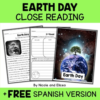 Preview of Earth Day Close Reading Comprehension Passage Activities + FREE Spanish