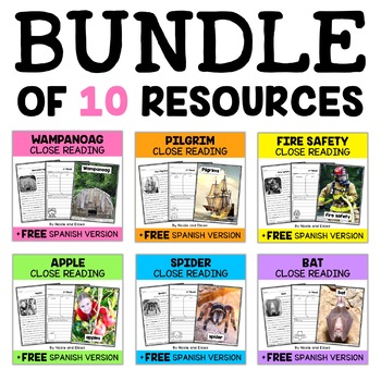 Preview of Fall Close Reading Passages Bundle + FREE Spanish