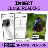 Insect Close Reading Comprehension Passage Activities + FR