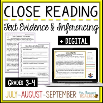 Preview of Summer Reading Comprehension Passages - July, August, September + Digital
