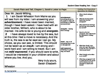 Preview of Close Reading Lesson Plan: Sarah, Plain and Tall, Chapter 1,  Sarah's Letter