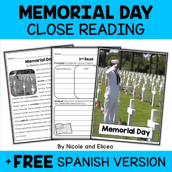 Preview of Memorial Day Close Reading Comprehension Passage Activities + FREE Spanish