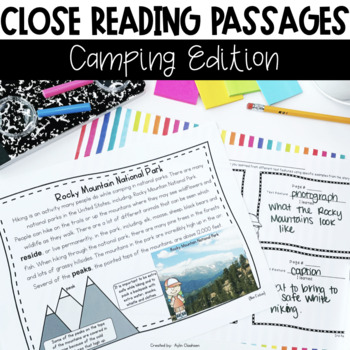 Preview of Camping Close Reading Passages Comprehension Questions Camping Day Activities 