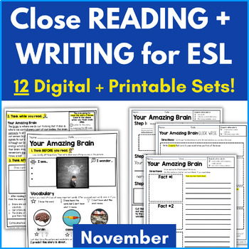 Preview of ESL Thanksgiving |  ESL Reading | ESL Writing | Thanksgiving Close Reading