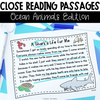 Preview of Ocean Animals Theme Close Reading Passages Comprehension Questions Lesson Plans
