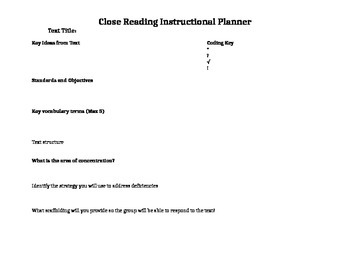 Preview of Close Reading Planner