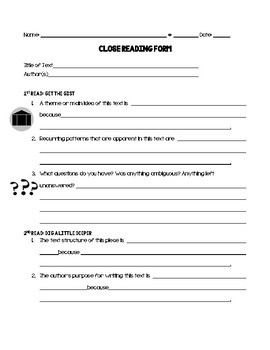 Preview of Close Reading Response Form-Use with ANY TEXT!