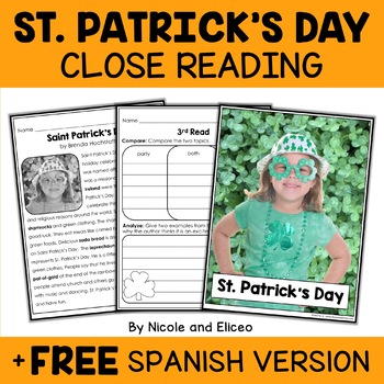 Preview of St Patricks Day Close Reading Comprehension Passage Activities + FREE Spanish