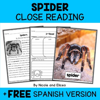 Preview of Spider Close Reading Comprehension Passage Activities + FREE Spanish