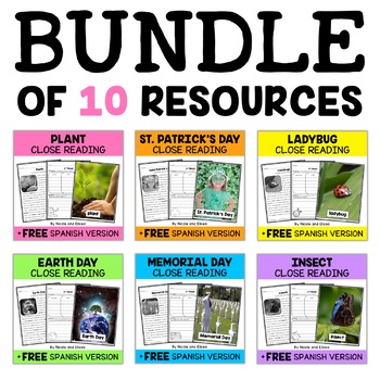 Preview of Spring Close Reading Passages Bundle + FREE Spanish