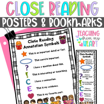 Preview of Close Reading Symbols Posters and Bookmarks ANY Topic | Spring Reading