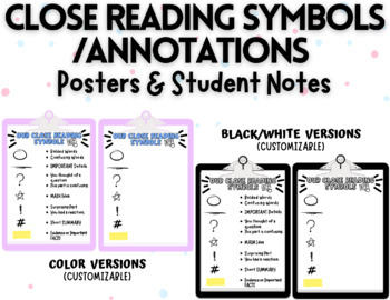 Preview of Close Reading Symbols Posters & Student Notes | Customizable 
