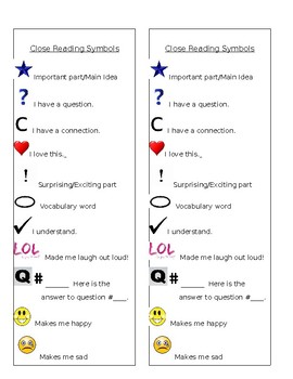 Preview of Close Reading Symbols Text Annotation Marks Bookmarks & Student Desk Tags