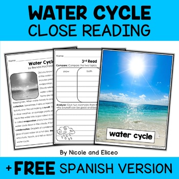 Preview of Water Cycle Close Reading Comprehension Passage Activities + FREE Spanish