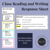 Close Reading and Writing Response Sheet