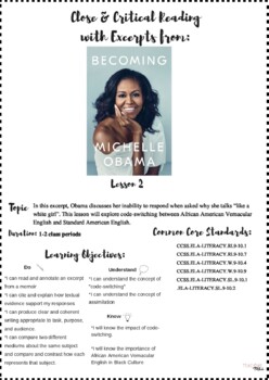 Preview of Close Reading with Excerpts from Becoming by Michelle Obama LESSON 2