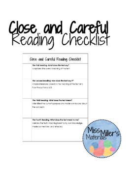 Close and Careful Reading Checklist by Miss Miller's Materials | TPT