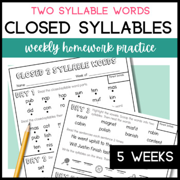 Preview of Closed 2 Syllable Words Phonics Homework (VCCV Syllable Division) Multisyllabic