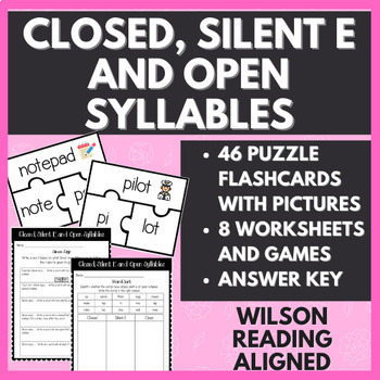 Preview of Closed, Silent E and Open Syllables Flashcards and Worksheets | Games and Center