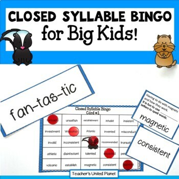 Preview of FREE Closed Syllable Bingo OG Games with Vocabulary Clues + Self-Checking Easel