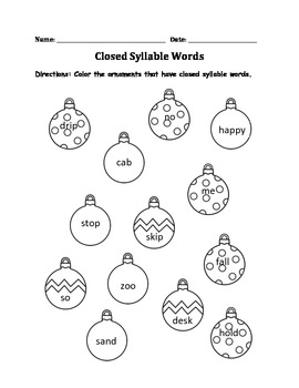 Closed Syllable Christmas Worksheet by Learning is Lots of Fun | TpT