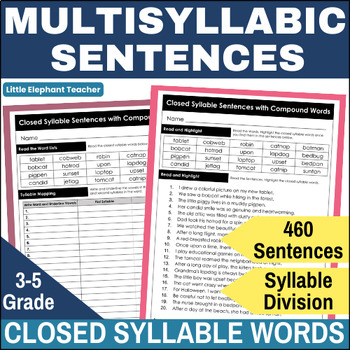 Preview of Closed Syllable Division, 3rd - 5th Grade Decoding Multisyllabic Words Sentences