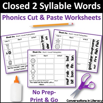 Preview of Closed 2 Syllables Short Vowel Phonics Activities & Decoding Worksheets