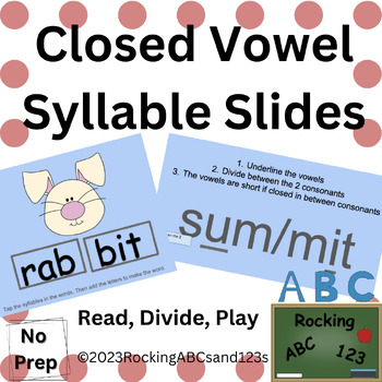 Preview of Closed Vowel Syllable Type Slideshow: Read, Divide, Play (2 and 3 syllables)