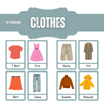 Preview of Clothes Flashcards , 32 Clipart , PDF And PPTX Files , Editable