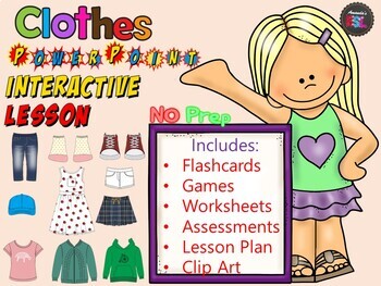 Preview of Clothes - Lesson - ESL Power Point Interactive Games, worksheets & More.