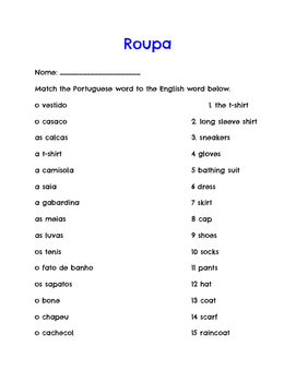 Preview of Clothes / Roupa English to Portuguese word matching