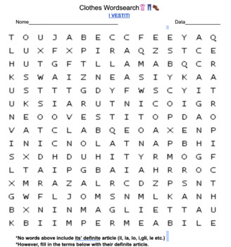 Preview of Clothes Wordsearch (i vestiti)