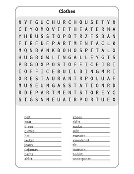 clothes and wardrobe printable word search esl tesol by kru mark