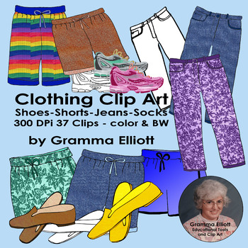 Preview of Clothing, Pants, Shorts, Jeans, Shoes, Socks - Realistic Clip Art in Color & BW