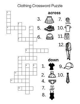 Clothing Crossword Puzzle with answers by Mrs ESOL TPT