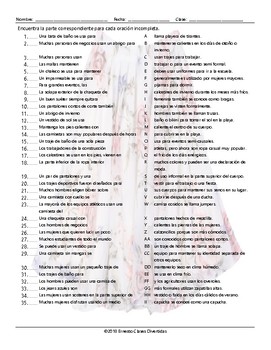 Clothing Items Sentence Match Spanish Worksheet | TPT